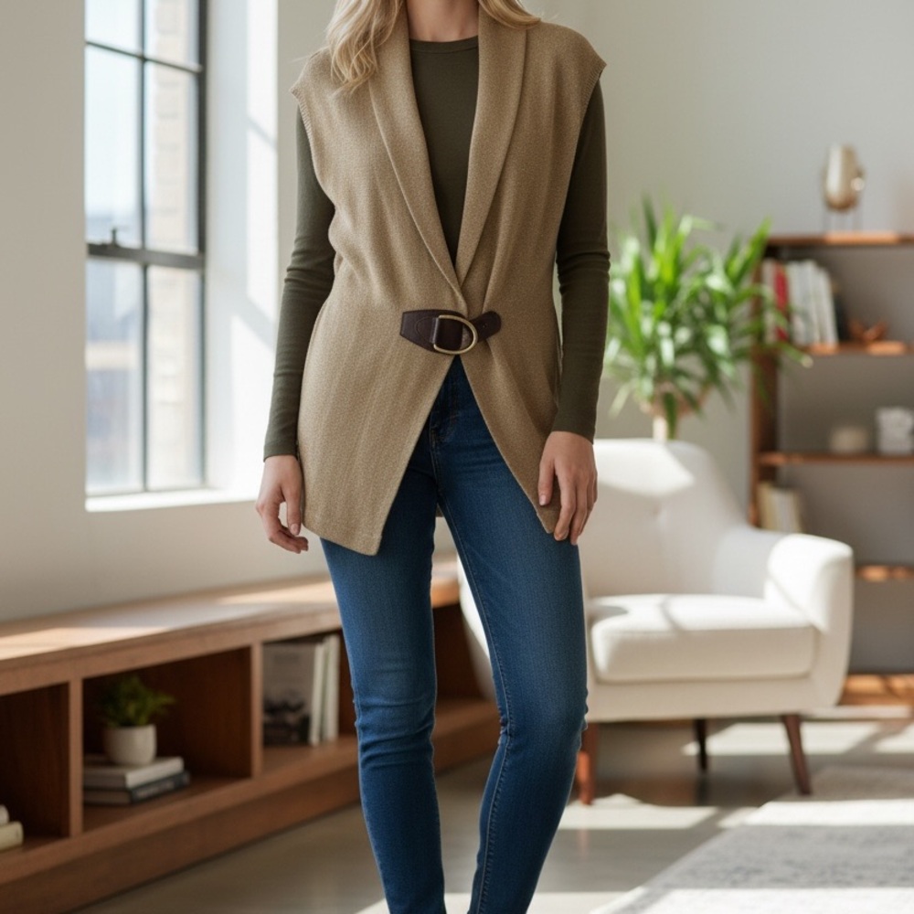 Ralph Lauren Sleeveless Open Front Belted Knit Vest in Camel